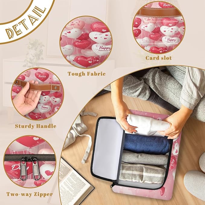 Valentine¡¯s Day Storage Bins with Zipper Lid Love Heart Balloons Fabric Lidded Storage Baskets Cubes with Handles Decorative Foldable Shelf Closet Organizer Container