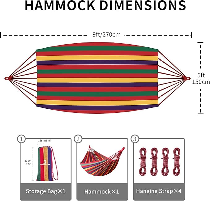 Rainbow Hammock Cotton Hammocks Comfortable Fabric Hammock with Tree Straps for Travel Patio Garden Hanging Sturdy Hammocks Up to 660lbs Indoor/Outdoor Portable Hamacas with Travel Bag（Rainbow）