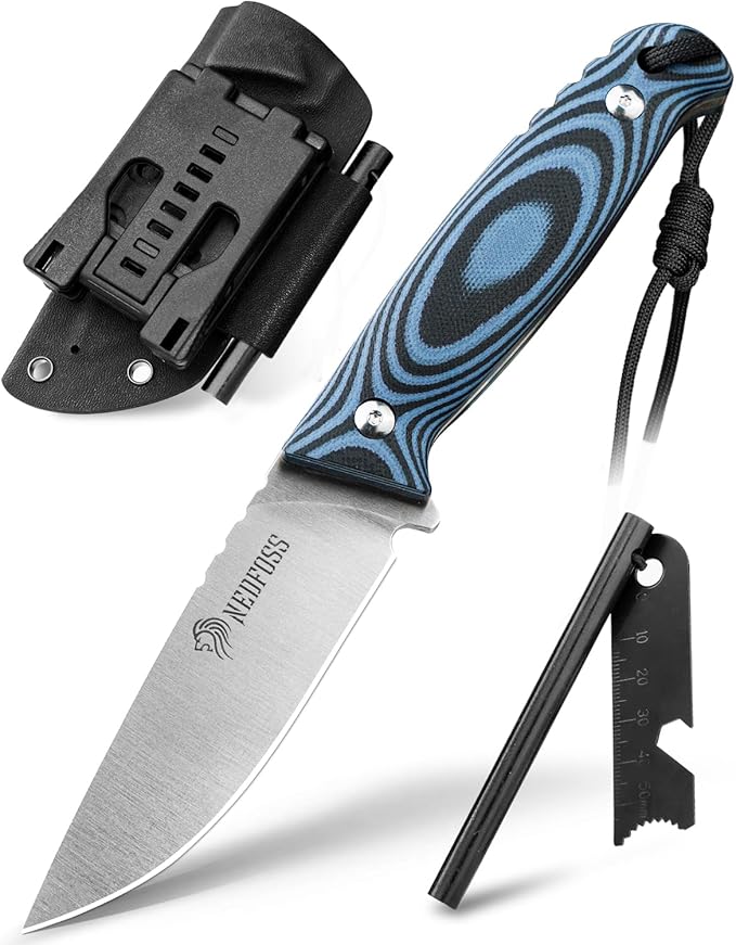 NedFoss Hyenas Bushcraft Knife with Fire Starter 3.5 440C Steel Camping Knife with Kydex Sheath Blue G10 Handle for Outdoor TAC Gift