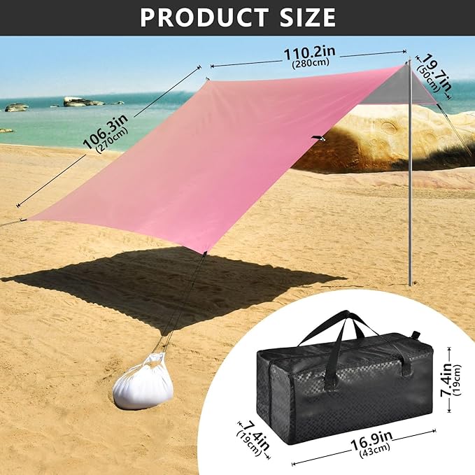 Pink Gradient Foldable Beach Cabana UPF50+ Protection Water-Resistant Large Sun Shelter Includes Sand Shovel Sandbags Stability Poles for Camping Picnics Backyard