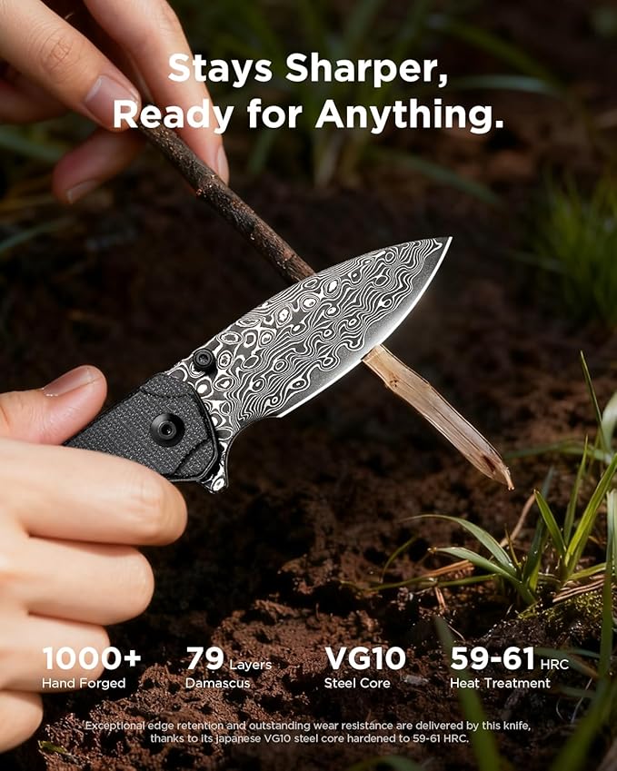 Damascus Folding Pocket Knife 2.99 Blade Micarta Handle Sharp Cool Small EDC Pocket Knives with Clip for Men Women Camping Hiking Survival Outdoor Mini 3080MB (Black)