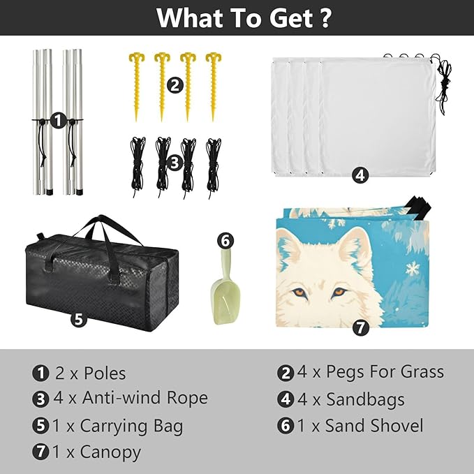 White Wolfs Blue Foldable Beach Canopy UPF50+ Protection Water-Resistant Portable Sun Shelter with Sand Shovel Sandbags for Camping Picnics Backyard &amp Fishing