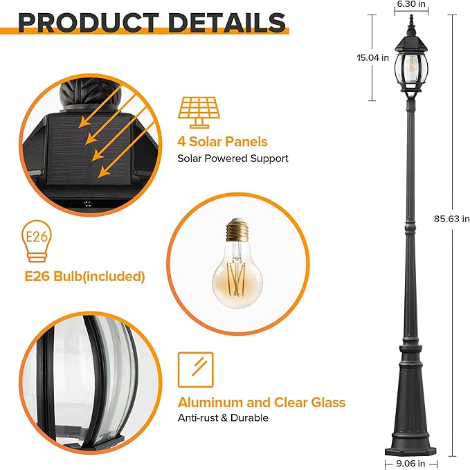 LUTEC Solar Lamp Post Light Dusk to Dawn Waterproof Pole Light with Clear Glass Aluminium Exterior Vintage Black Solar Powered Street Light Fixtures for Garden Driveway Pathway(Bulb Included)