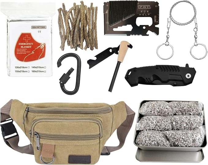 Ultimate Survival Kit – 6 Bags Magnesium Fire Starter 5/16 Ferro Rod Wire Saw Folding Tool Emergency Blanket 20 Wax Ropes &amp Multi-Tool – Compact Outdoor Bag for Camping &amp Bushcraft