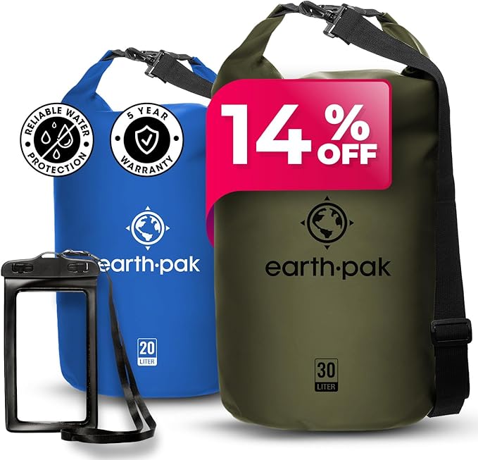Earth Pak Waterproof Dry Bag - Roll Top Waterproof Backpack Sack (Forest Green 30L &amp Blue 20L)