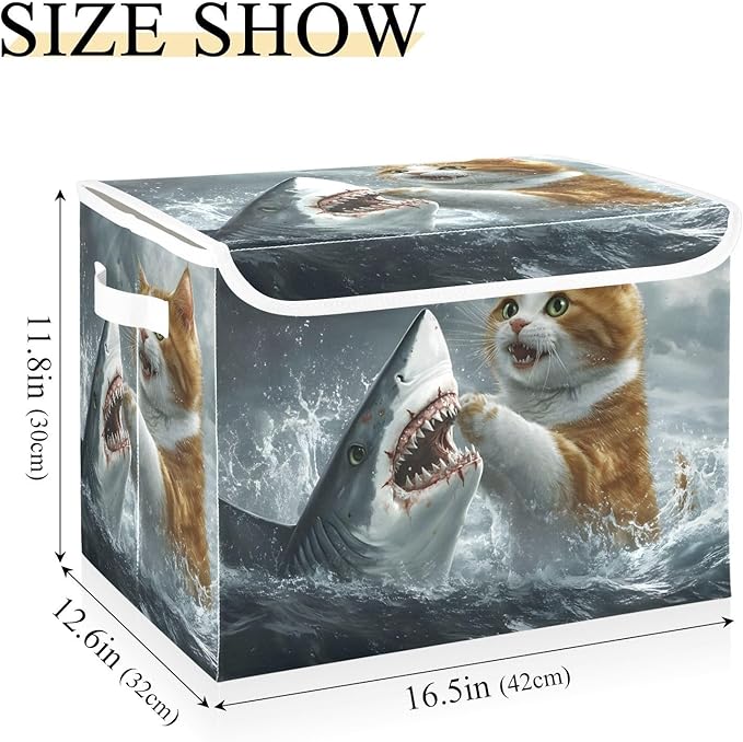 Cat Fight Fish Storage Cube Bins Basket with Lid Collapsible Flip-top Fabric with Handle for Home Bedroom Closet Office 16.5×12.6×11.8 in