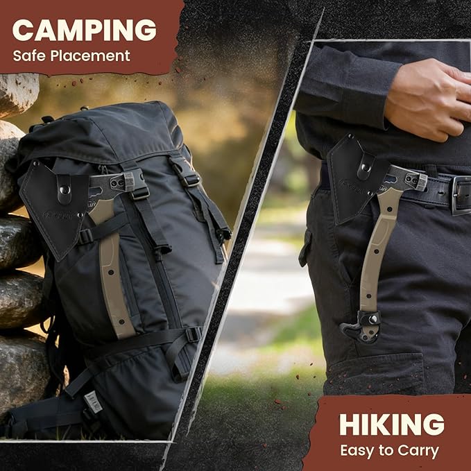 Tactical Axe with G10 Handle Camping Survival Hatchet Multifunctional Hiking Outdoor Heavy Duty Full Tang Tomahawk Tools with Hammer Unique Design Crowbar Leather Sheath (Gray)