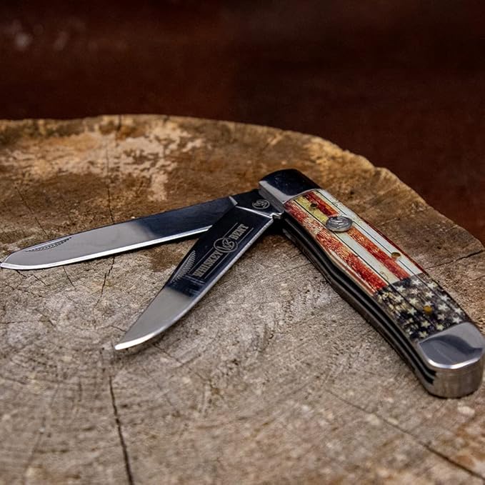 WHISKEY BENT HAT CO. Traditional Trapper Folding Pocket Knife 4.125 Closed Length 440C Stainless Steel Blades (Patriot)
