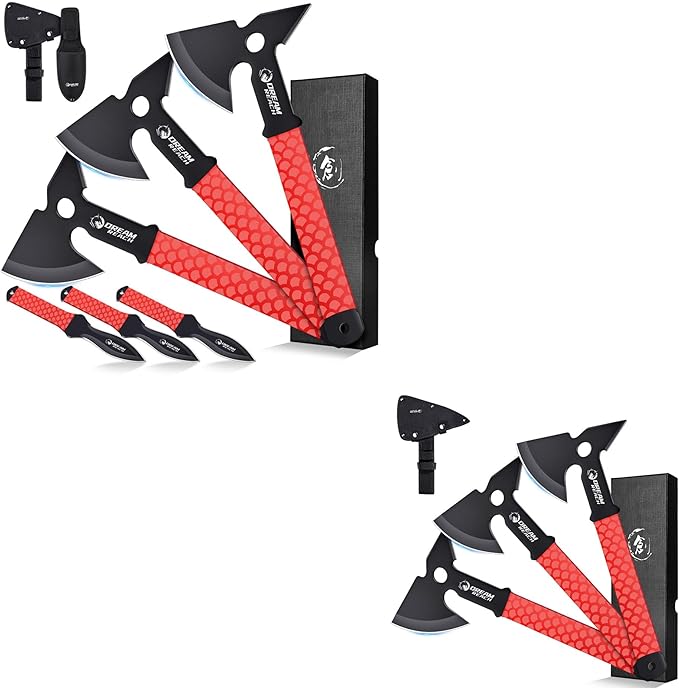 Dream Reach 6-Pack Throwing Game Set Including Safe Full Tang 3 PCS Throwing Axes and 3 PCS Throwing Knives with TPR Rubber Sleeve and Protective Sheaths for Recreation and Competition