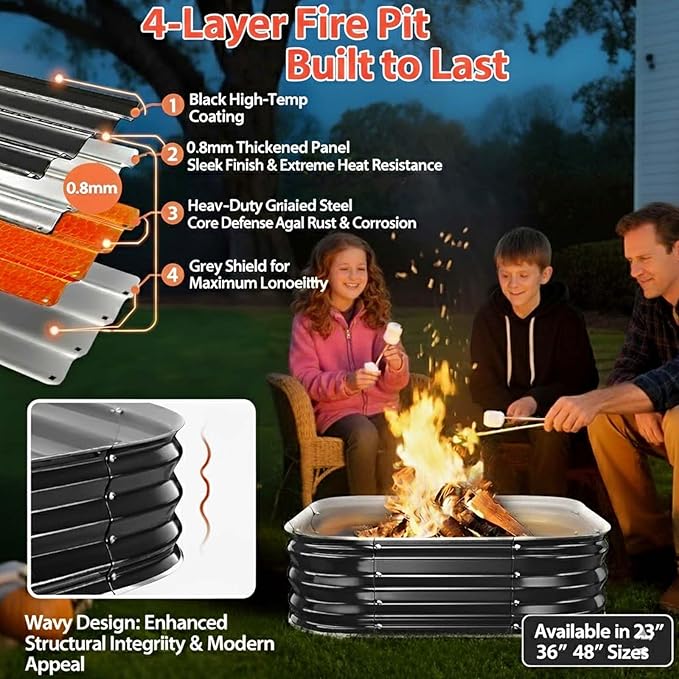 Fire Pit Ring36in Heavy Duty Square Firepit for Outside11'' Tall Galvanized Steel Wood Burning Bonfire PitsPortable Outdoor Fireplaces for BackyardCampingPatioBeach