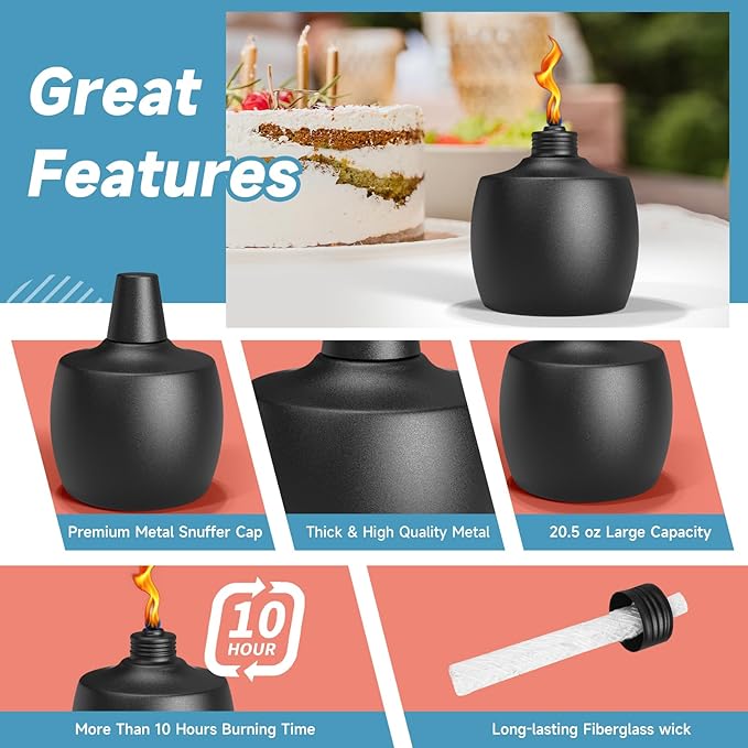 4-Pack Citronella Tabletop Torches 21.5 oz Table Top Torches for Outdoor Metal Oil Burner Candles Garden Torches with Fiberglass Wick for Yard Patio Deck Garden Party Landscape