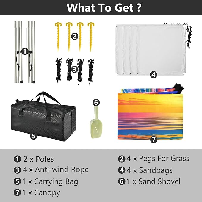 Beach Canopy with Windproof Ropes &amp Sandbags Beach Tent Sun Shade Sun Shelter for Camping Trips Fishing Backyard Fun or Picnics Sunset