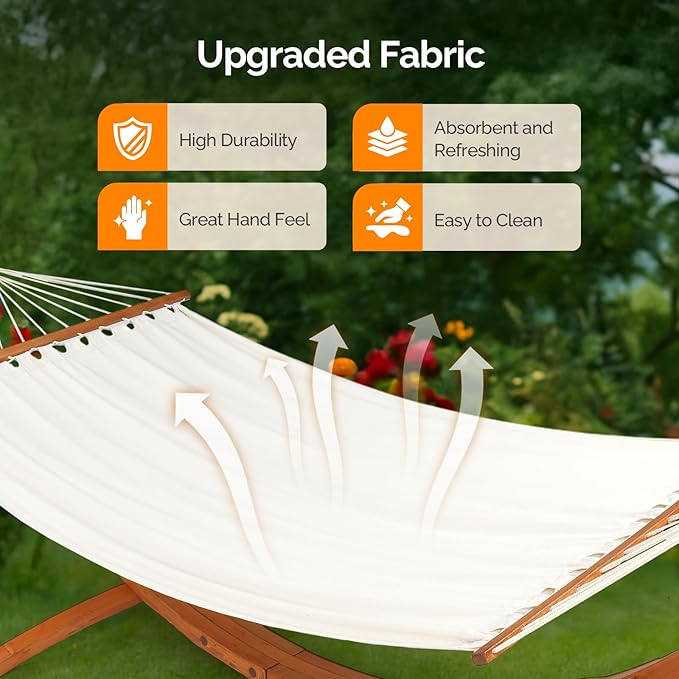 ONCLOUD Premium Double Hammock Set with Curved Hardwood Stand - 10.5ft Outdoor Relaxation System (400lb Capacity) (Teak 14ft Set)