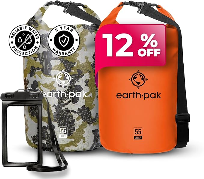 Earth Pak Waterproof Dry Bag - Roll Top Waterproof Backpack Sack (Camo 55L &amp Orange 55L)