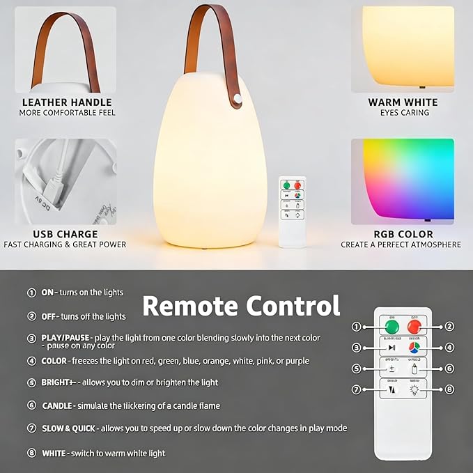 uuffoo Rechargeable Portable Table Lamp Cordless RGB Lantern with Remote Decorative LED Night Light IP44 Waterproof Indoor Outdoor Lamp for Bedroom Patio Garden Wedding Party