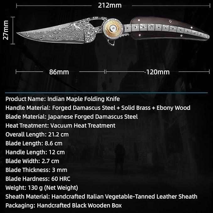 Damascus Steel Folding Knife HRC 60 Pocket Knife for Men Hand Forged Damascus Steel Blade Vegetable Tanned Leather Sheath Ebony Handle Hunting Knives &amp Tools Gifts for Guys