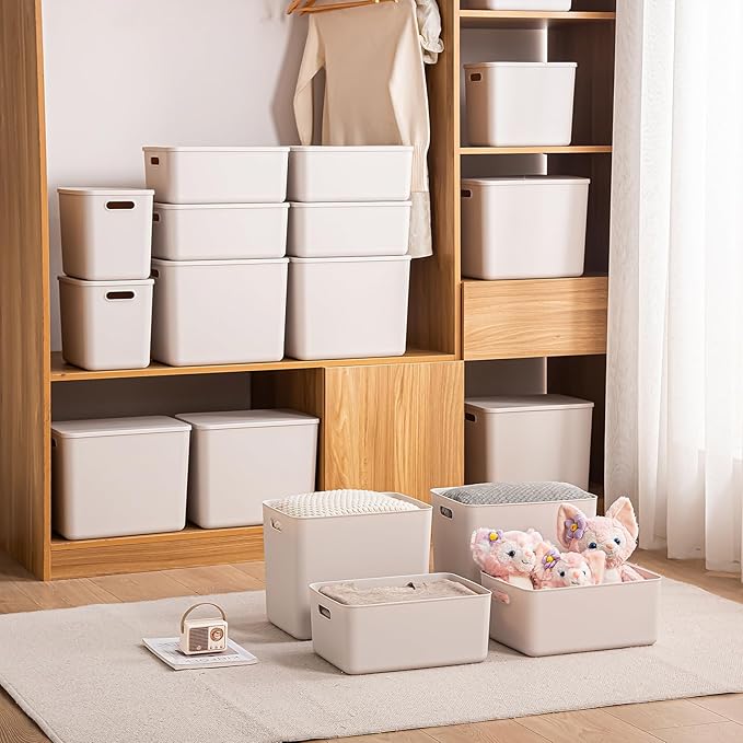 Plastic Storage Bins with Lid White Stackable Storage Basket Organizer Box Sturdy Containers Organizing Lidded Bins for Shelves Cabinet Desk Pantry Bedroom Book Toys (gray 6L+2M)