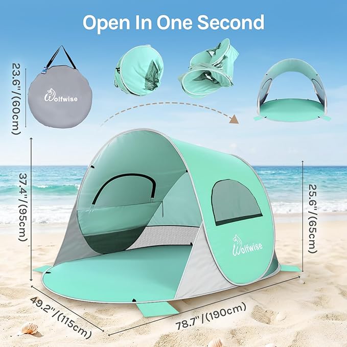 Wolfwise Pop up Beach Tent Sun Shelter with UPF50+ UV Protection Instant Easy Setup Popup Beach Shade Canopy for 2 Person Portable &amp Foldable with Carring Bag 79 ×49×38 in Mint Green