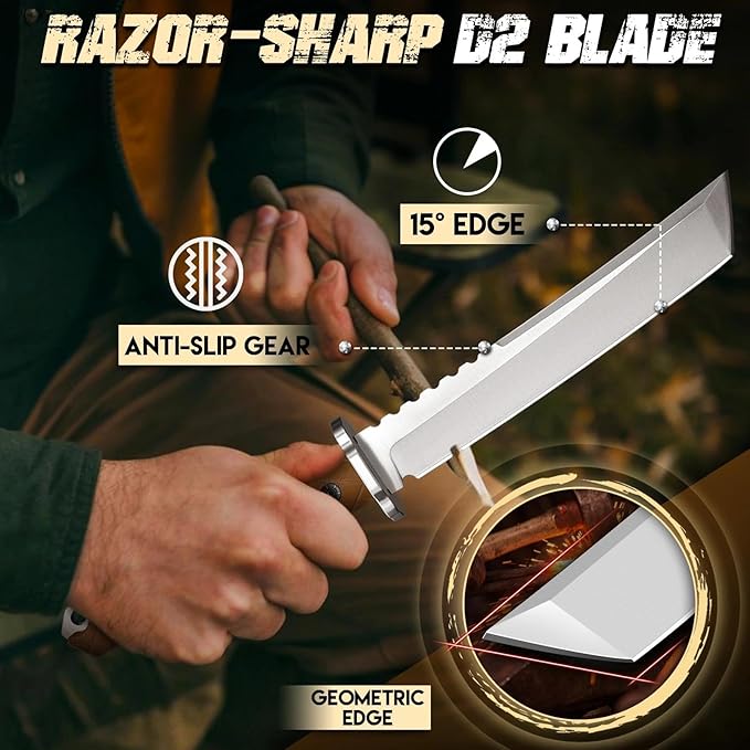 Purple Dragon Japanese Tanto Knife - D2 Steel Fixed Blade Knife with Sheath Cool Survival Knives with Full Tang Handle Bushcraft Knives for Outdoor Camping Gifts for Men
