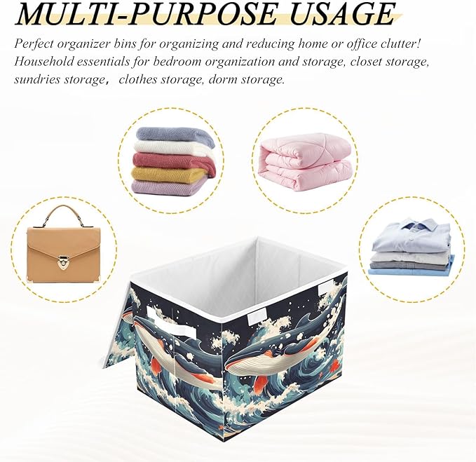 Storage Cube with Lid Japanese Whale Print 16.5×12.6×11.8 IN 1 Pack Collapsible Large Capacity Foldable Storage Basket Bin Organizer