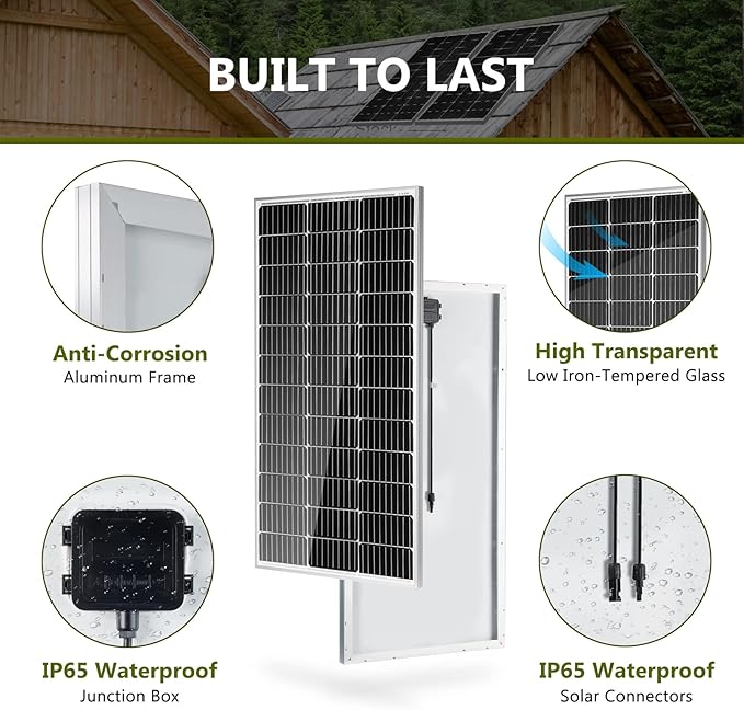 HQST 2pcs 100W 12V Monocrystalline Solar Panel Up to 25% High Efficiency Module Waterproof for RVs Motorhomes Cabins Marine Boat and Any Other Off Grid Applications-Upgrade Version