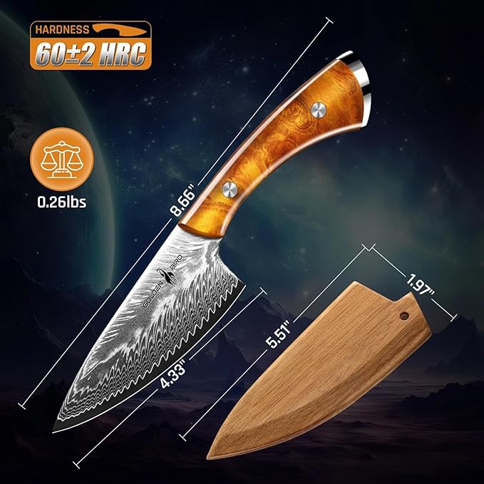 Golden Bird Damascus Steel Knife for Kitchen and Outdoor - Hand Forged Chef Camping Knife with Resin Handle &amp Wood Sheath All Purpose Cooking Survival Hunting KnivesGift for Men &amp Women