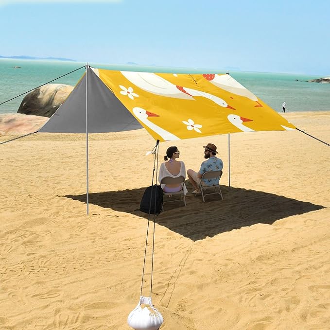 Cute Goose Cartoo Beach Canopy UPF50+ Water-Resistant Sun Shelter with Sandbags &amp Sand Shovel for Camping Picnics Backyard