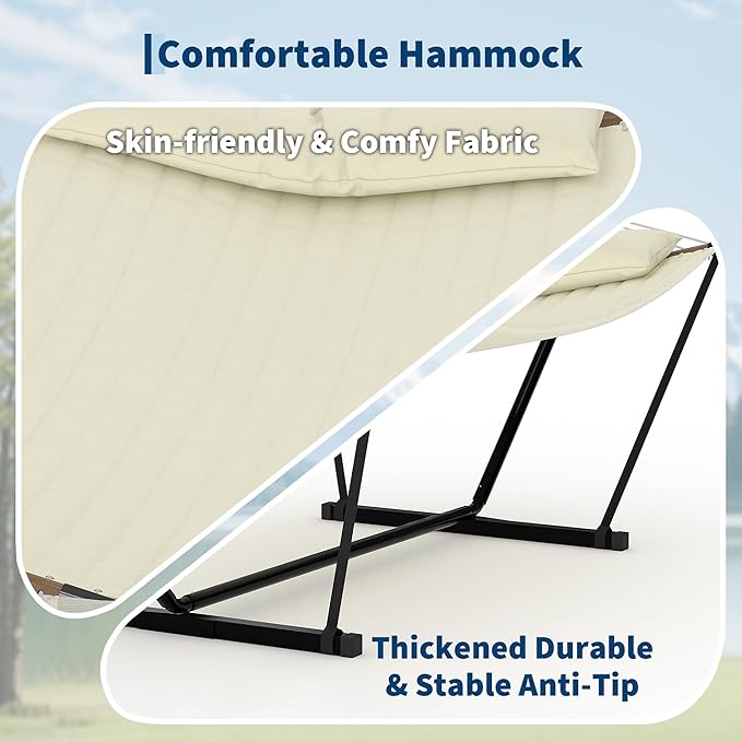 2 Person Double Hammock with Adjustable Steel Stand &amp Pillow Heavy Duty Portable Outdoor Hammock Set MAX 450 LBS Weight Capacity for Patio Garden Beach Backyard