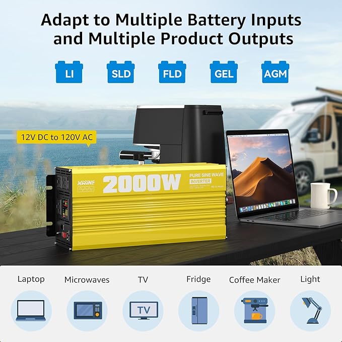 XWJNE 2000 Watt Pure Sine Wave Inverter 12V DC to 120V AC 4000W Peak Power Converter with LED Display and Remote Controller for Home RV Truck Off-Grid Solar