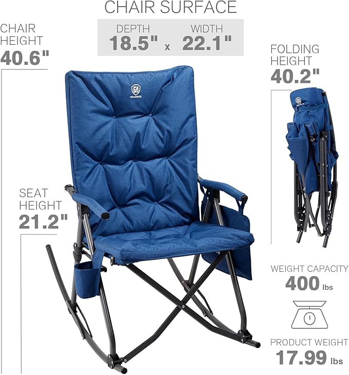 EVER ADVANCED Oversized Folding Rocking Camping Chair Padded Portable Rocker Chair for Patio Lawn and Outdoors Heavy Duty Hard Armchair for Adults Supports 400lbs Blue