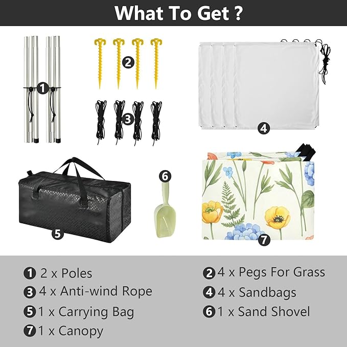 xigua Wildflowers Beach Tent Sun Shelter with Carrying Bag - Silver Coated Oxford Fabric Beach Canopy for Beach Camping Fishing - Includes Windproof Ropes Sandbags &amp Stakes