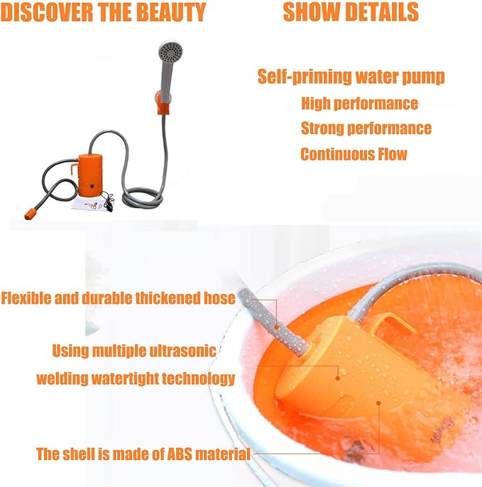 A/orangePortable camping shower comes with a rechargeable IPX7 electric pump LED lighting function hook and suction cup two fixed shower modes suitable for camping and traveling