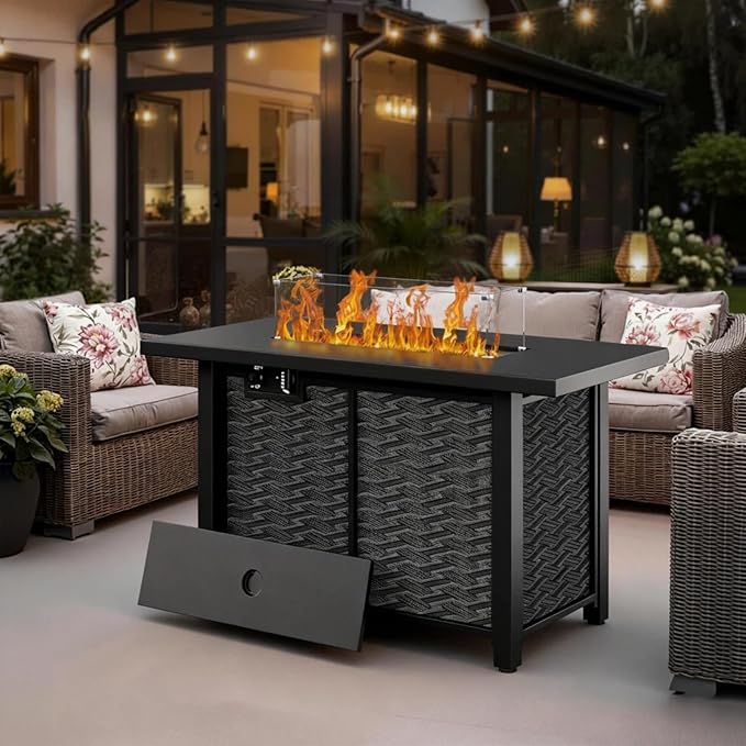 43 Propane Fire Pit Table with Glass Wind Guard &amp Lid 50000 BTU Outdoor Gas Fireplace Weather-Resistant Smokeless 2-in-1 Rectangular Coffee Table for Patio Garden