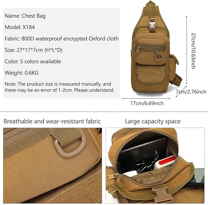 Tactical Backpack Waterproof Military Cross-body Molle Sling Shoulder Backpack Chest Bag for Outdoor Every Day Carry (Mud Color)