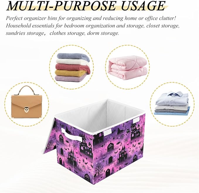Pink Halloween Castles Cat Tombstones Storage Box with Lid 1 PC Foldable Storage Bin with Lids Stackable Storage Bins Cube Closet Organizer Basket with Flip-Top Lid &amp Handles for Shoes Books