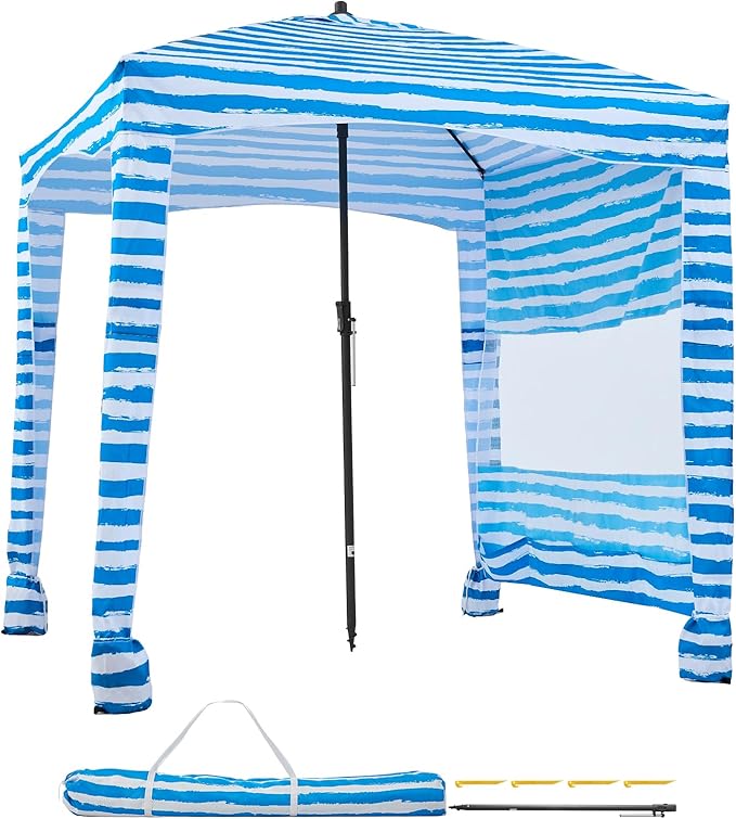 VEVOR Beach Cabana 6 x 6 ft Beach Canopy with Side Wall UPF 50+ Protection Easy Setup Cabana Tent with Sand Pockets Portable Shade Sun Shelter Umbrella for Whole Family &amp Friends Blue Stripes
