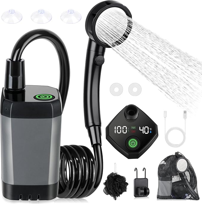 Portable Shower for Camping [Long-Lasting] Spopal 6000mAh Rechargeable Camping Shower with Intelligent LED Display 4 Spray Modes IPX7 Waterproof Outdoor Camp Pump for Hiking Travel Car Pet