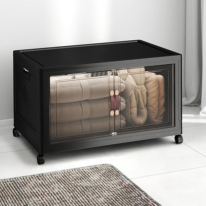 Stackable Storage Bins with Lids Collapsible Storage Boxes Foldable Plastic Storage Drawers for BedroomOffice Dorm (1 Black XL)