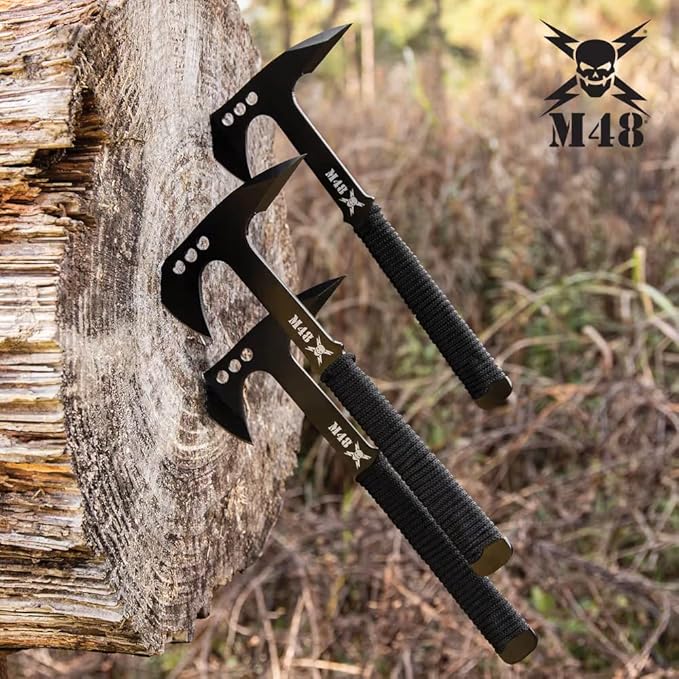 M48 Pro Throwing Axe Set and Sheath - Three-Pieces 3cr13 Stainless Steel Blade Cord-Wrapped Handles - Length 10 3/4”