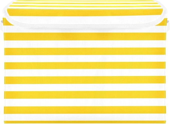 Bright Yellow and White Stripes Collapsible Storage Bins with Lids Decorative Fabric Cubes Closet Organizer Basket Boxes Containers for Clothes Box Chest Folding Rectangle