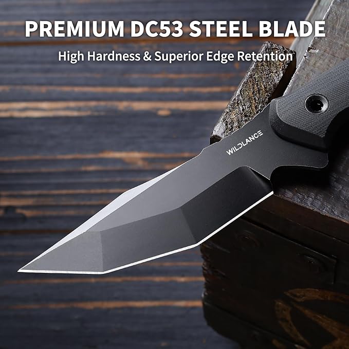 Camping Knife Full Tang 9.8 Hunting Knife with Kydex Sheath 4.1 Fixed Blade DC53 Steel Camping Knives for Hiking Survival Outdoor FBK-001