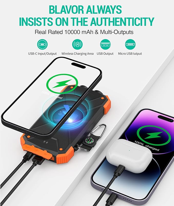 BLAVOR Solar Power Bank 10000mAh Portable Wireless Charger 20W Fast Charging External Battery Pack with USB C for Cell Phones Solar Panel Charging with Dual Flashlight for Camping