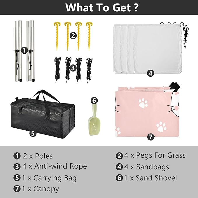 Cat Beach Canopy Sun Shelter with Sandbags &amp Sand Shovel &amp Windproof Ropes - Portable 110x126 Beach Shade Beach Tent for Camping Picnics