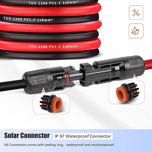 Solar Extension Cable 20Feet 10AWG (6mm²) Solar Panel Cable Red &amp Black PV Wire Male Female Connector Adapter Gauge Wire for PV System