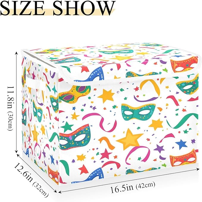 Christmas Storage Baskets with Lids Mardi Gras Masks Collapsible Bins Stackable Fabric Linen Baskets Closet Organizer Container 16.5x12.6x11.8