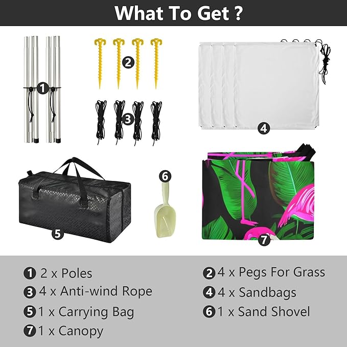 Flamingo Beach Canopy Sun Shelter with Sandbags &amp Sand Shovel &amp Windproof Ropes - Portable 110x126 Beach Shade Beach Tent for Camping Picnics
