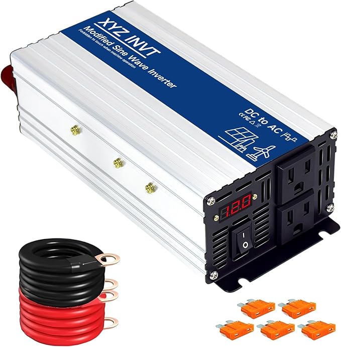 1000W Power Inverter 12V DC to 110V 120V AC Modified Sine Wave Car Power Inverter with 2 AC Outlets and LED Display for Vehicles Truck RV Home Emergency Camping Off-Grid Over 90% Efficiency