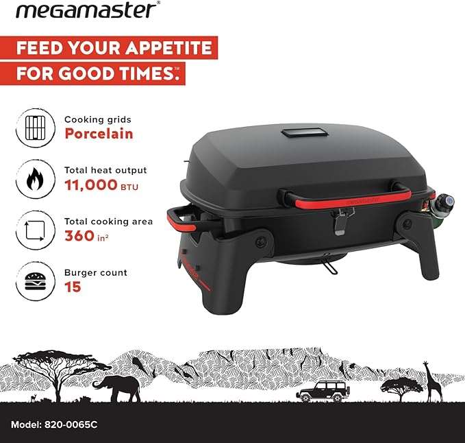 Megamaster 1-Burner Portable Gas Grill with Locking Lid 11000 BTU Stainless Steel Burner Foldable Legs Small Propane Grill for Outdoor Cooking Camping BBQs Patios and Gardens - 820-0065C