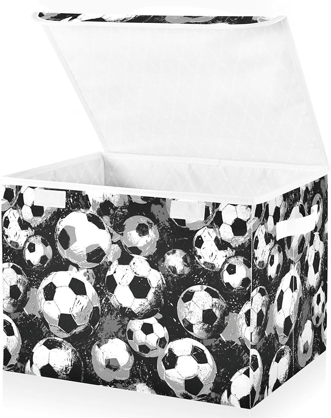 Black Soccers Collapsible Storage Bins with Lids Decorative Fabric Cubes Closet Organizer Basket Boxes Containers for Clothes Box Chest Folding Rectangle