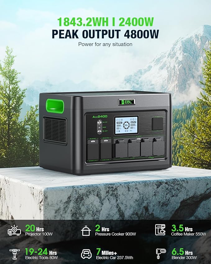 EBL 2400W Portable Power Station with 2x200W Solar Panels (Ship Separately) 1843Wh Home Backup BatteryLiFePO4Solar GeneratorPure Sine Wave For Outdoor Camping RV Travel Off-grid Home Emergency